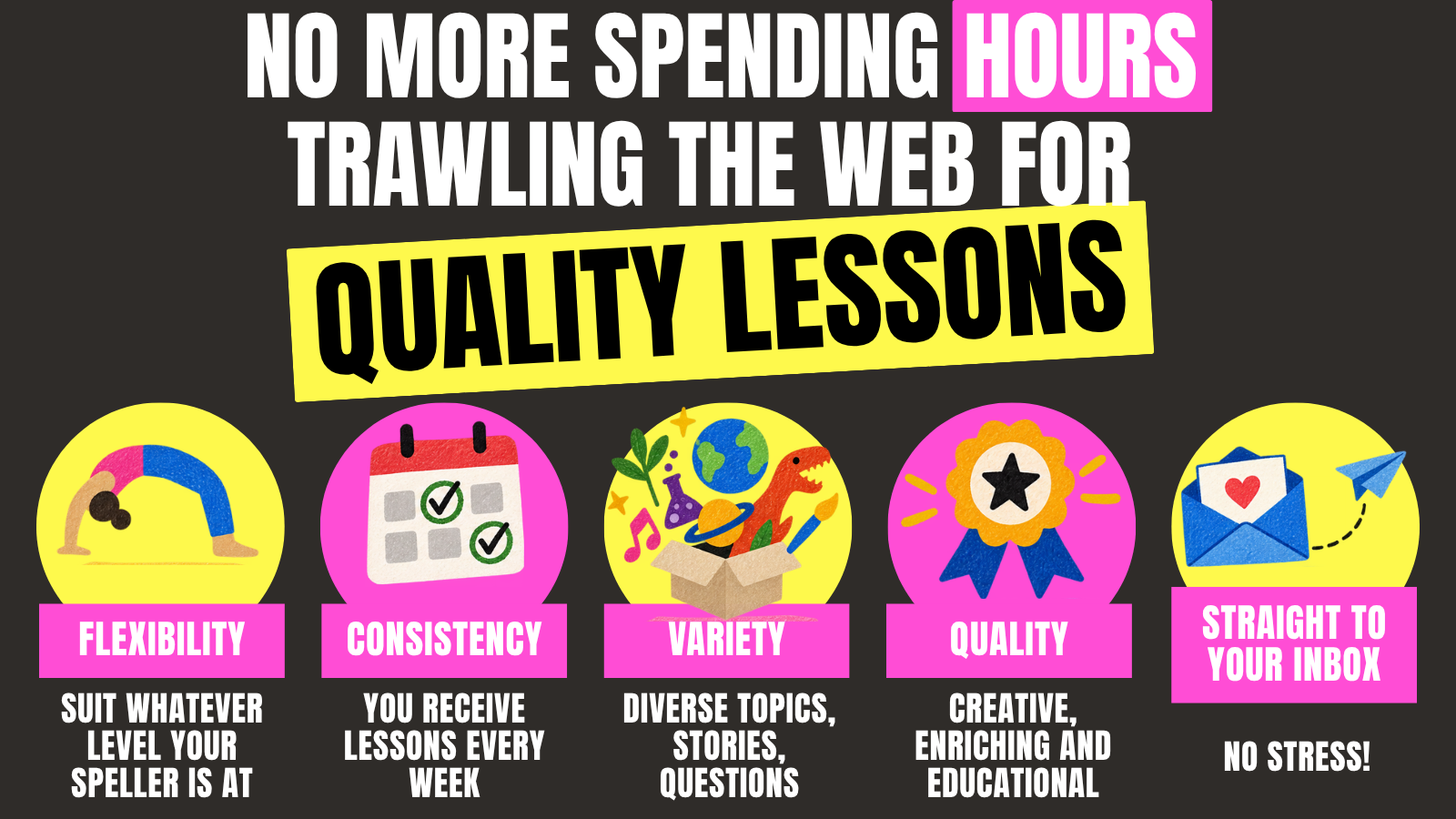 No more spending hours trawling the web for quality lessons. Flexibility: suit whatever level your speller is at. Consistency: you receive lessons every week. Variety: diverse topics, stories, questions. Quality: creative, enriching and educational. Straight to your inbox, no stress.